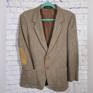 Jaguar Mens Tweed Suit Jacket With Elbow Patches Brown Gray Sz 40S Casual Preppy